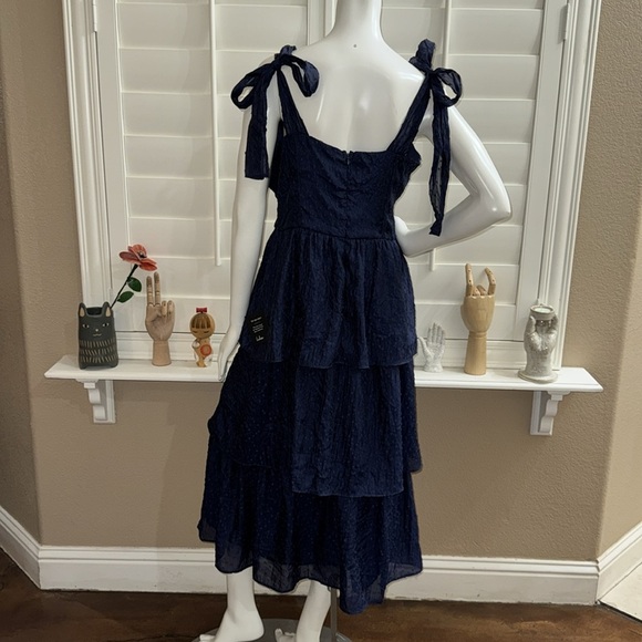 Lulus Blissful Direction Navy Tie-Strap Clip Dot Bustier Midi Dress - Picture 8 of 13